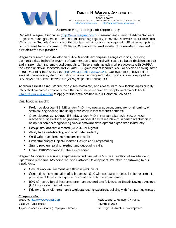Software Engineering Job Opportunity at Daniel H. Wagner Associates