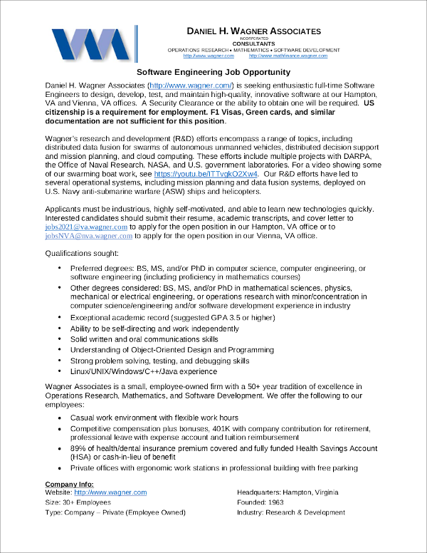 Software Engineering Job Opportunity at Daniel H. Wagner Associates