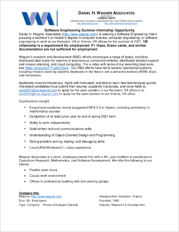 Internship at Daniel H. Wagner Associates