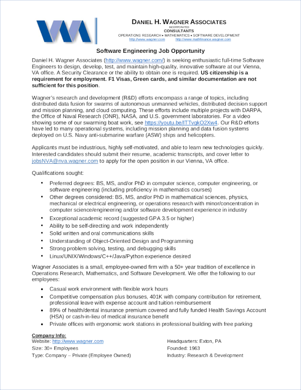 Software Engineering Job Opportunity at Daniel H. Wagner Associates